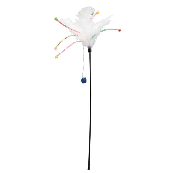 Škádlítko s peřím a provázky ukončené kuličkami, 41cm